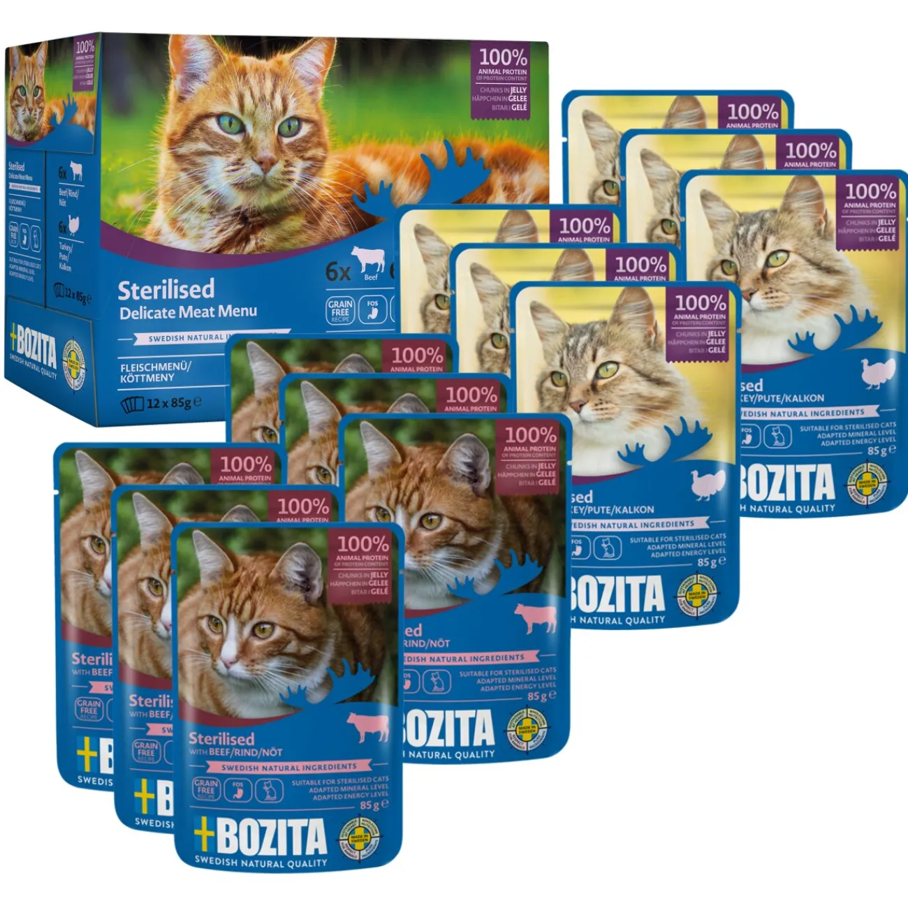 BOZITA Nourriture humide pour chat bouchées stérilisées en gelée à la viande Multibox 12 x 85 g^ Nourriture Humide