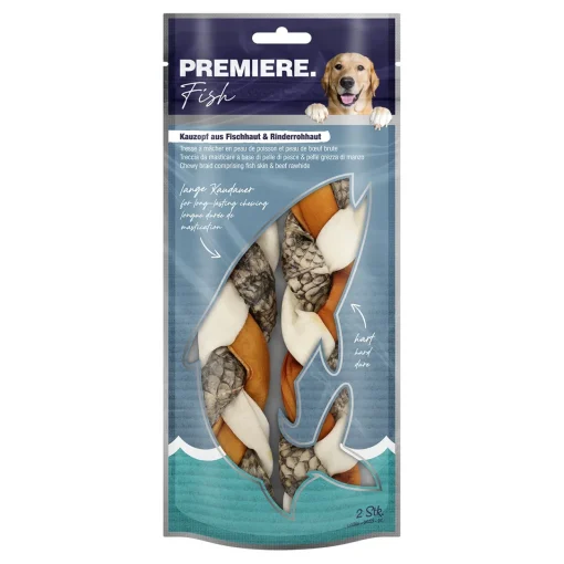 PREMIERE Tresse à mâcher en peau de poisson et en peau brute de bœuf 130 g^ Friandises